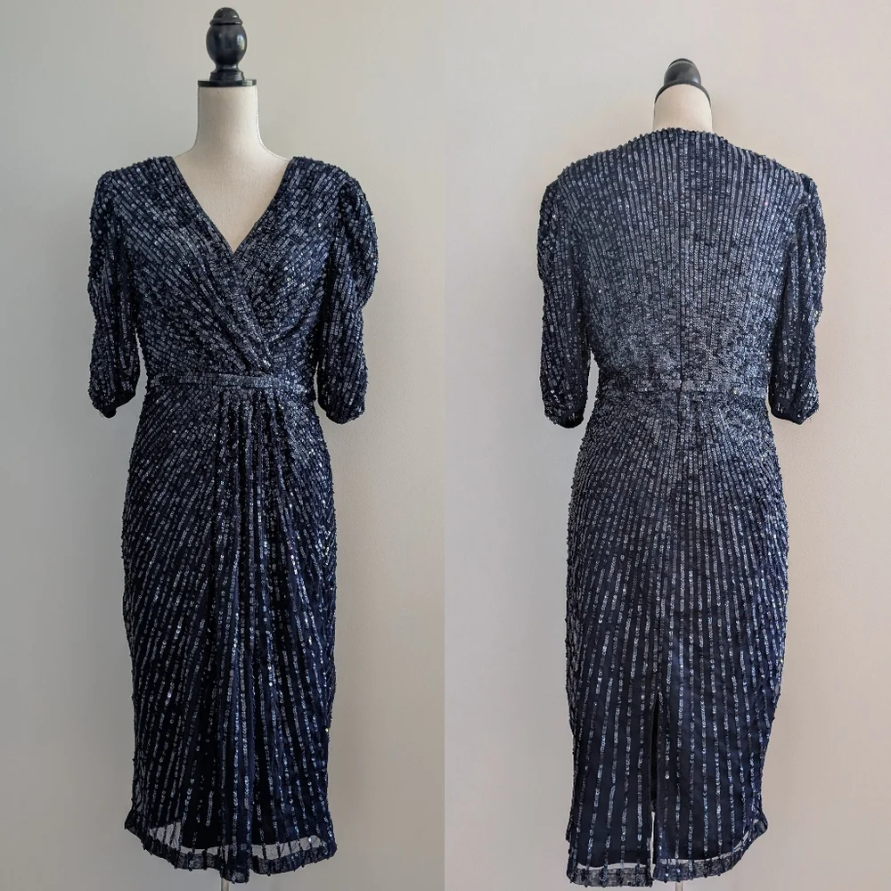 Like new Sz 10 Mac Dugal Sequined V Neck Short Sleeve Midi Dress - Picture 3 of 17